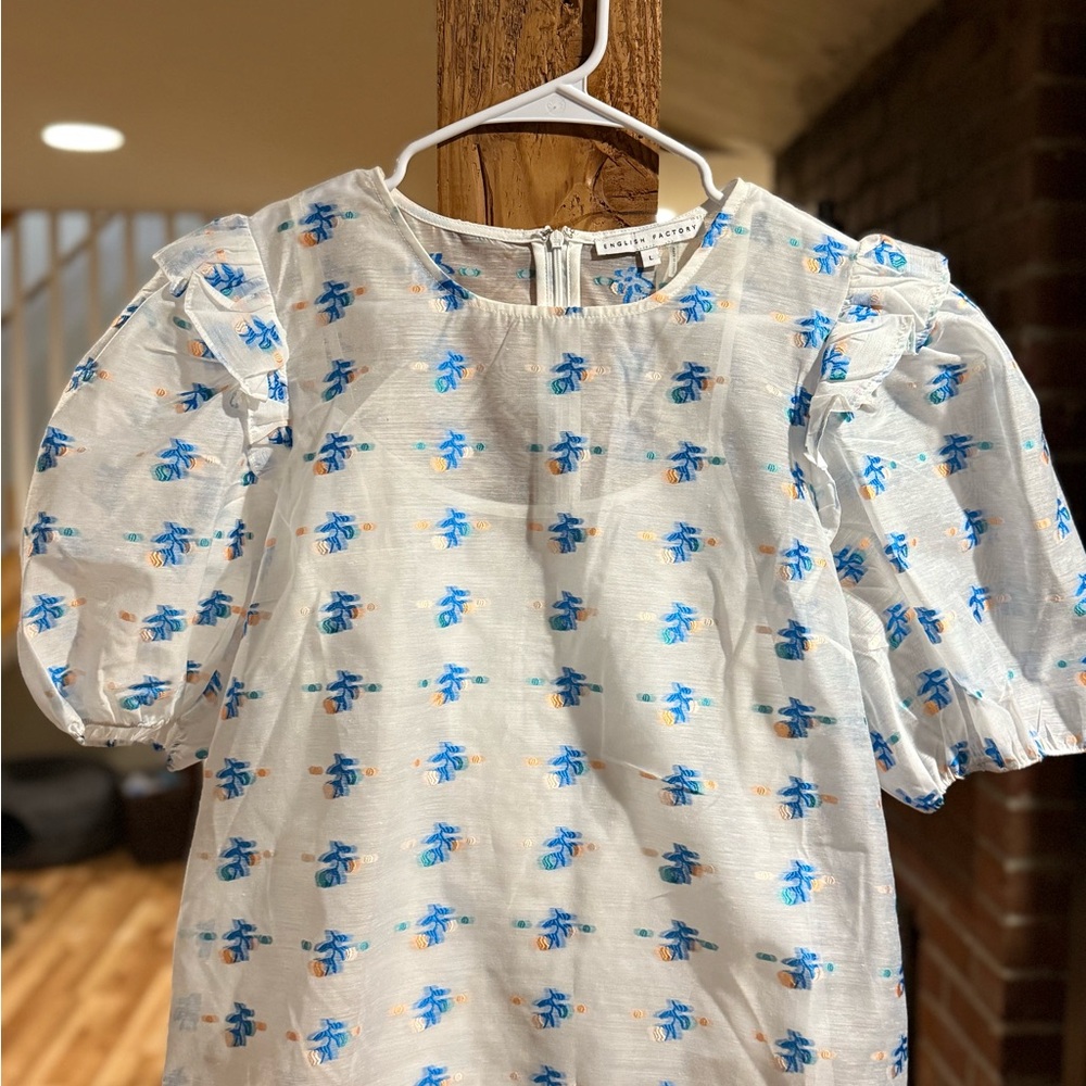 English Factory White Blouse with Blue and Peach Embroidery